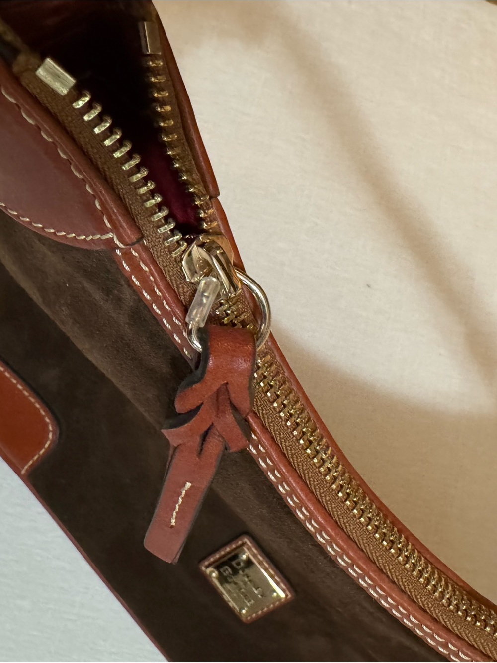 Dooney & Bourke Dark Brown Suede Shoulder Bag with Tan Leather Trim - Picture 4 of 10